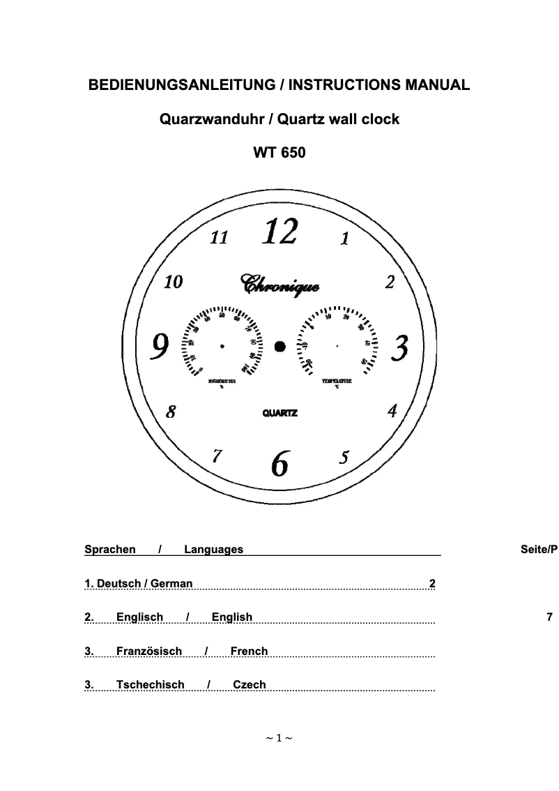 Page n°1 - Manuel utilisateur Techno Line WT 650