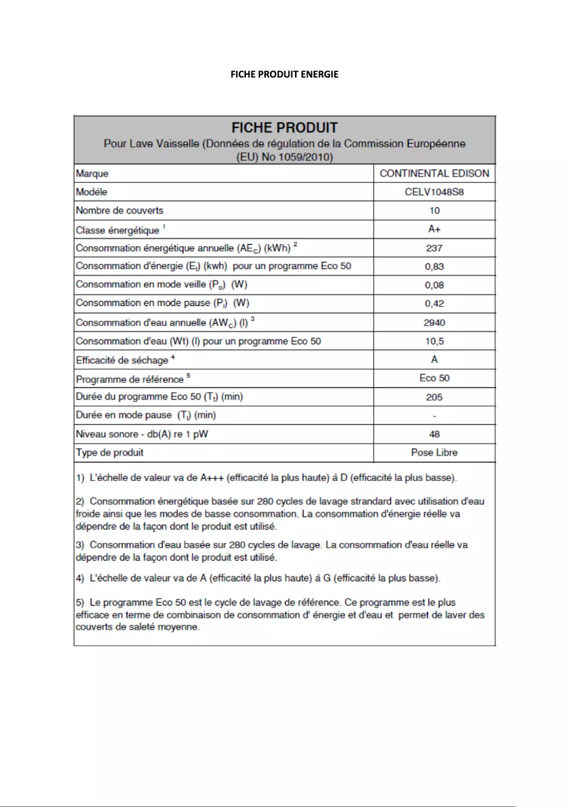 Page 1 de la notice Label énergétique Continental Edison CELV1048B8