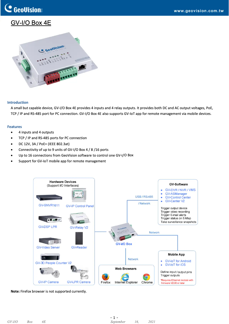 Page 1 de la notice Manuel utilisateur Geovision GV-I/O Box 4E