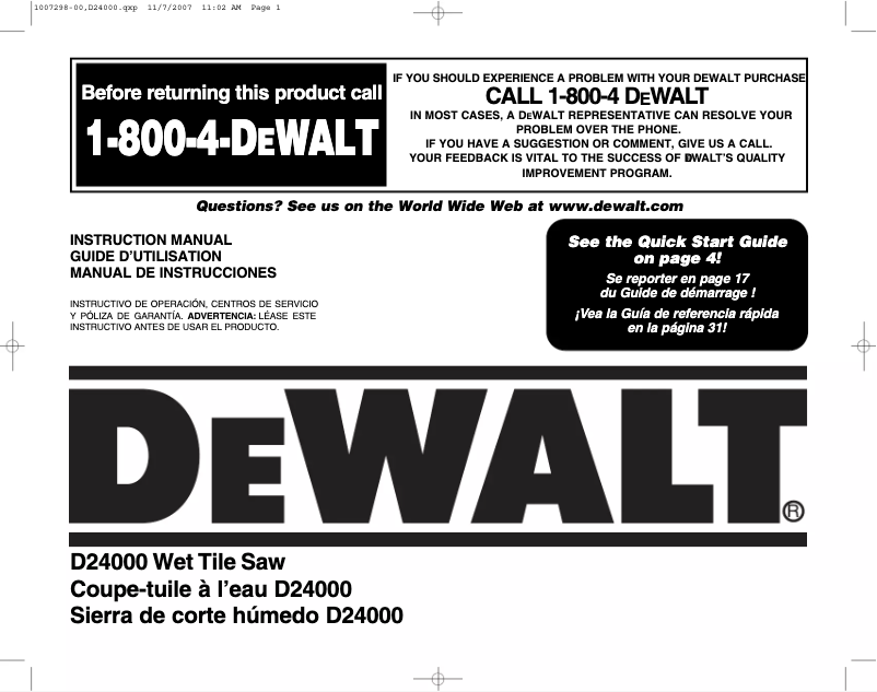 Page n°1 - Manuel utilisateur DeWalt D24000