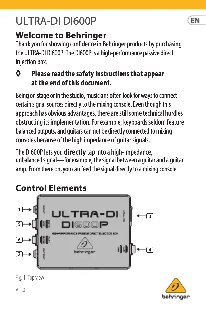Page 1 de la notice Manuel utilisateur Behringer ULTRA-DI DI600P