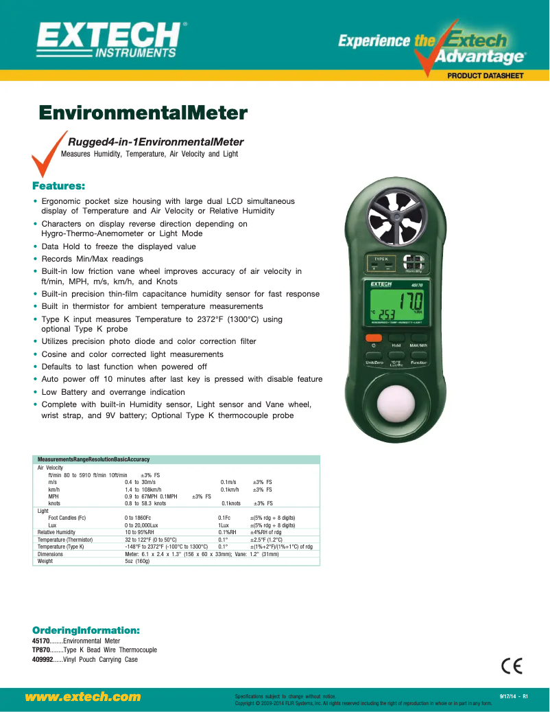 Page 1 de la notice Fiche technique Extech 45170