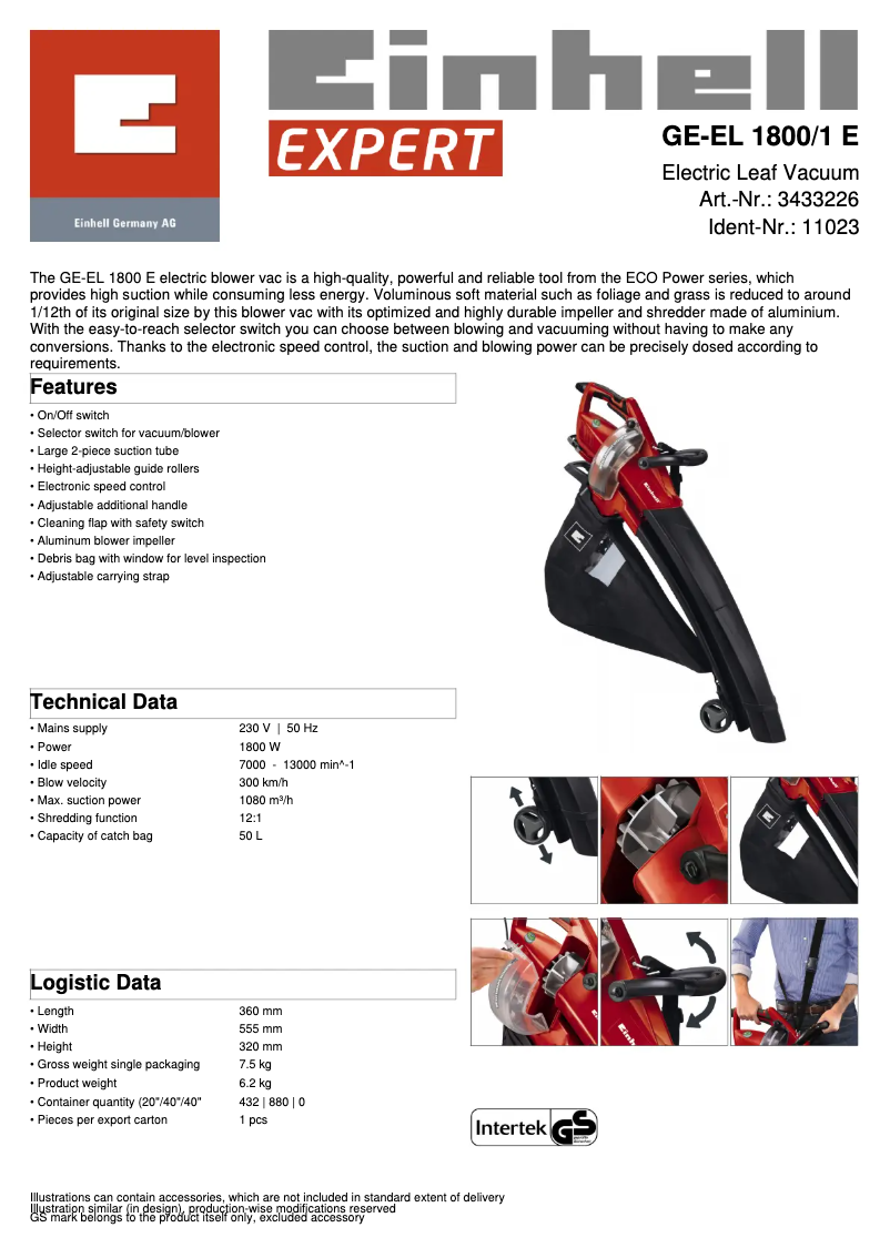 Page 1 de la notice Fiche technique Einhell GE-EL 1800/1 E