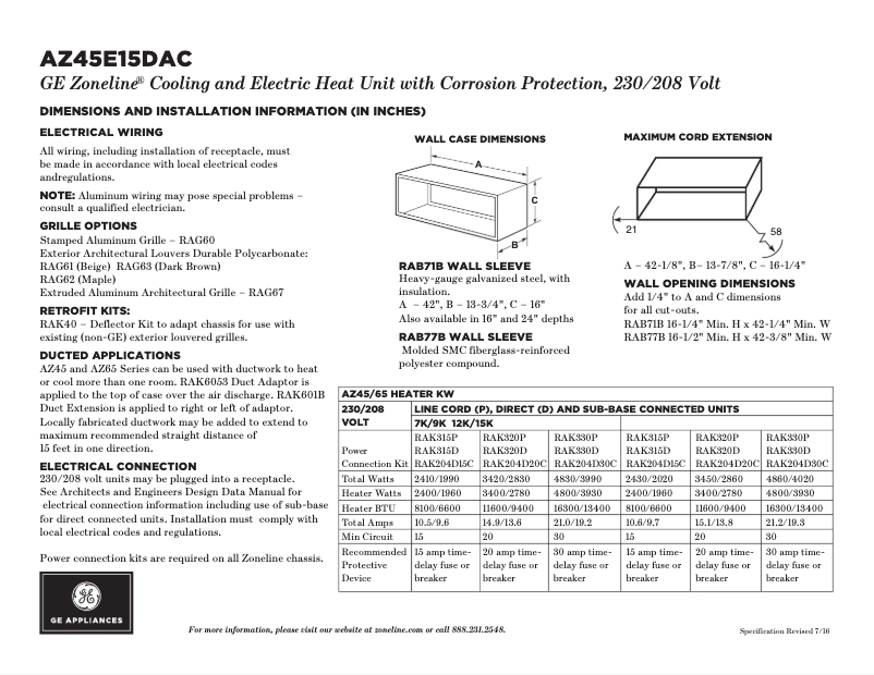 Page 1 of the manual Technical Sheet GE AZ45E15DAC