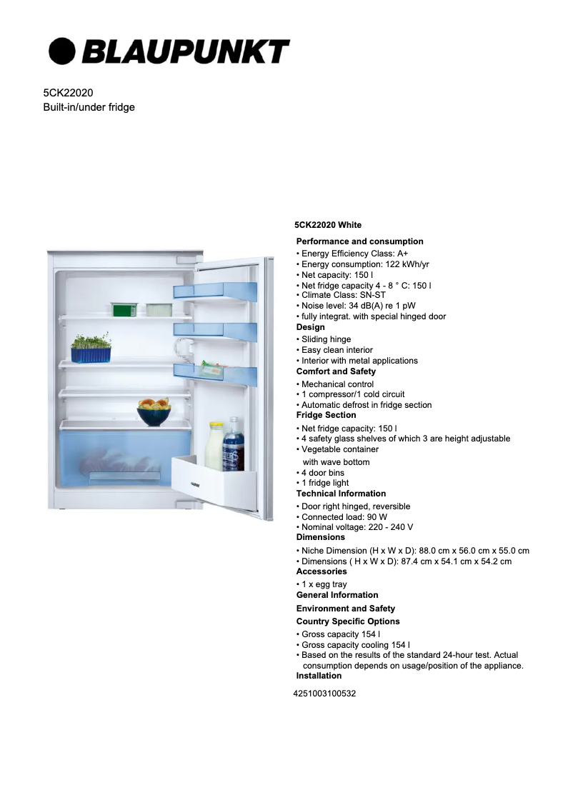 Page 1 de la notice Fiche technique Blaupunkt 5CK 22020