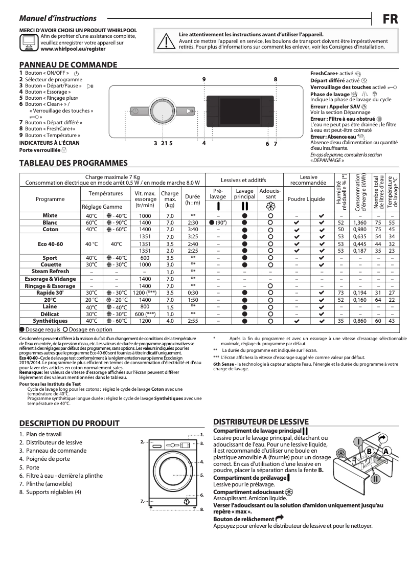 Page 1 de la notice Manuel utilisateur Whirlpool FFB 7469 BV FR