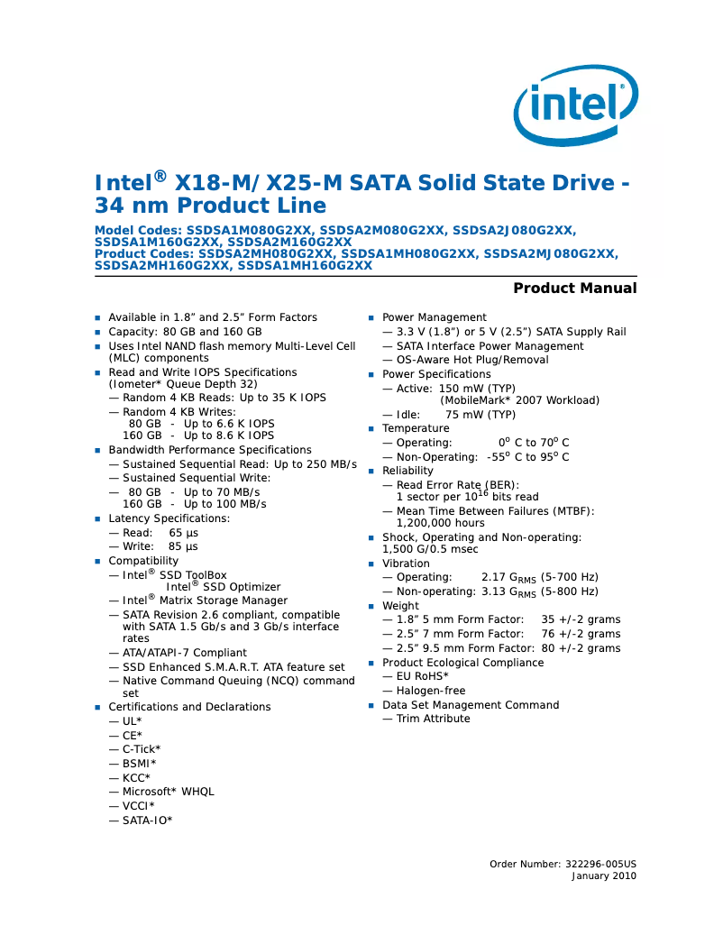 Page 1 de la notice Manuel utilisateur Intel SSDSA2MH120G2K5