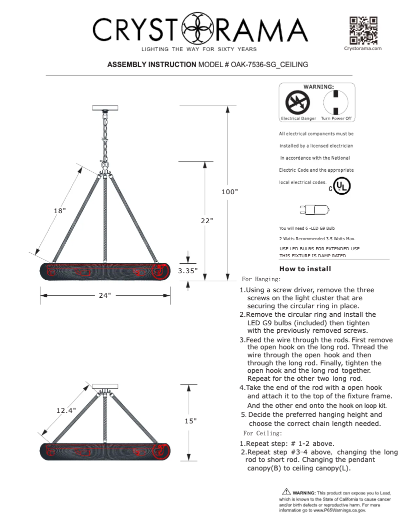 Page 1 de la notice Manuel utilisateur Crystorama Oakley OAK-7536-SG_CEILING