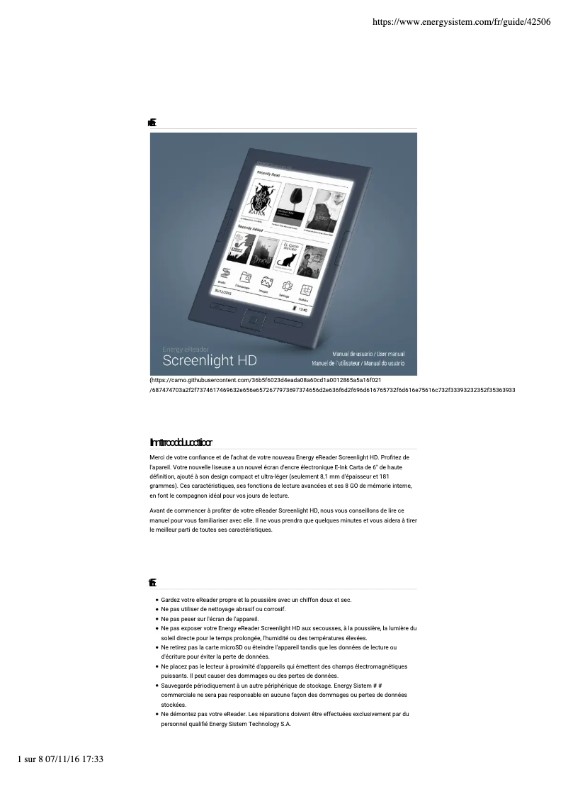 Page n°1 - Manuel utilisateur Energy Sistem eReader ScreenLight HD