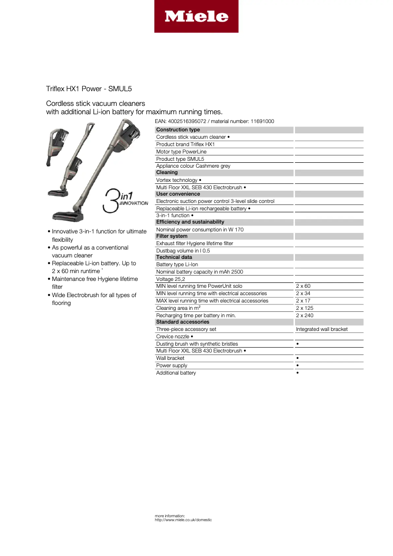 Page n°1 - Fiche technique Miele Triflex HX1 Power