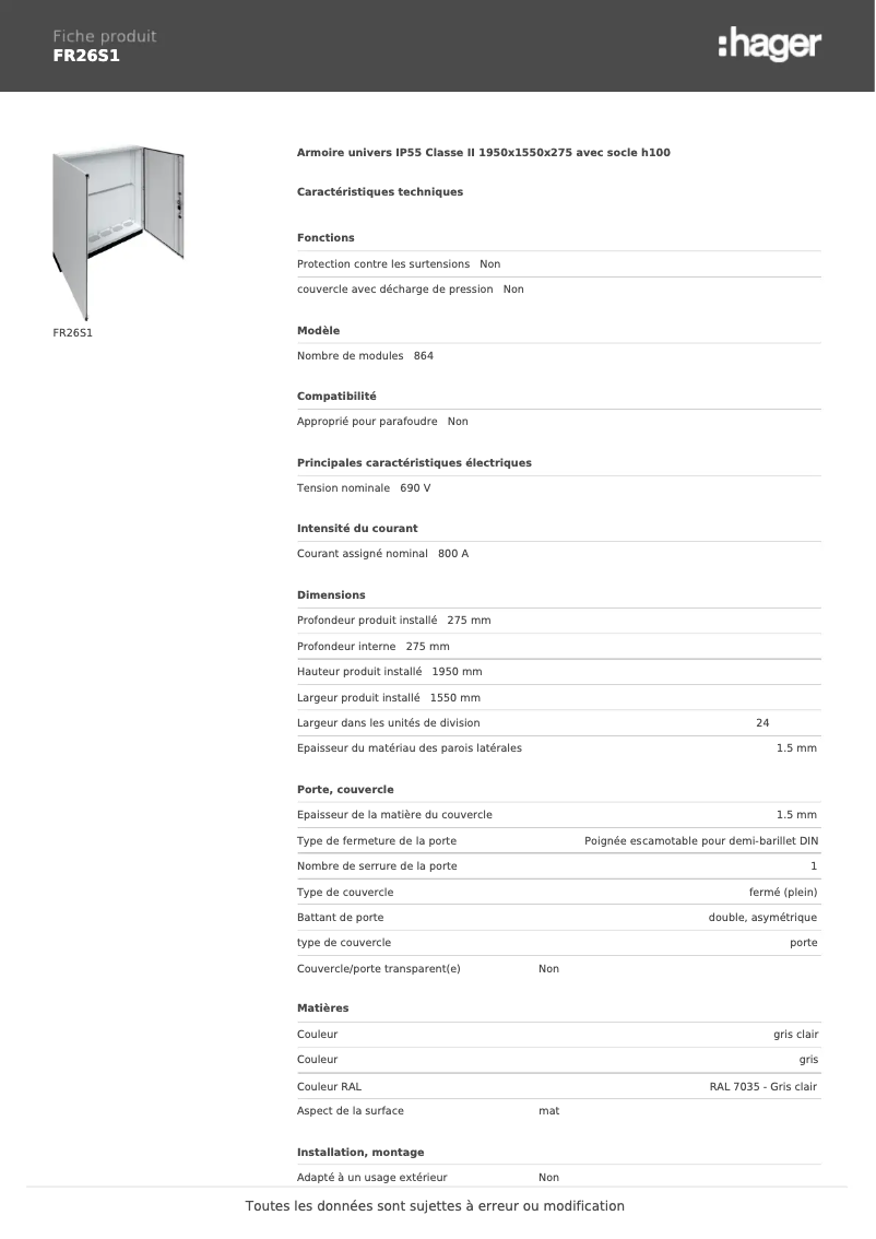 Page 1 de la notice Fiche technique Hager FR26S1