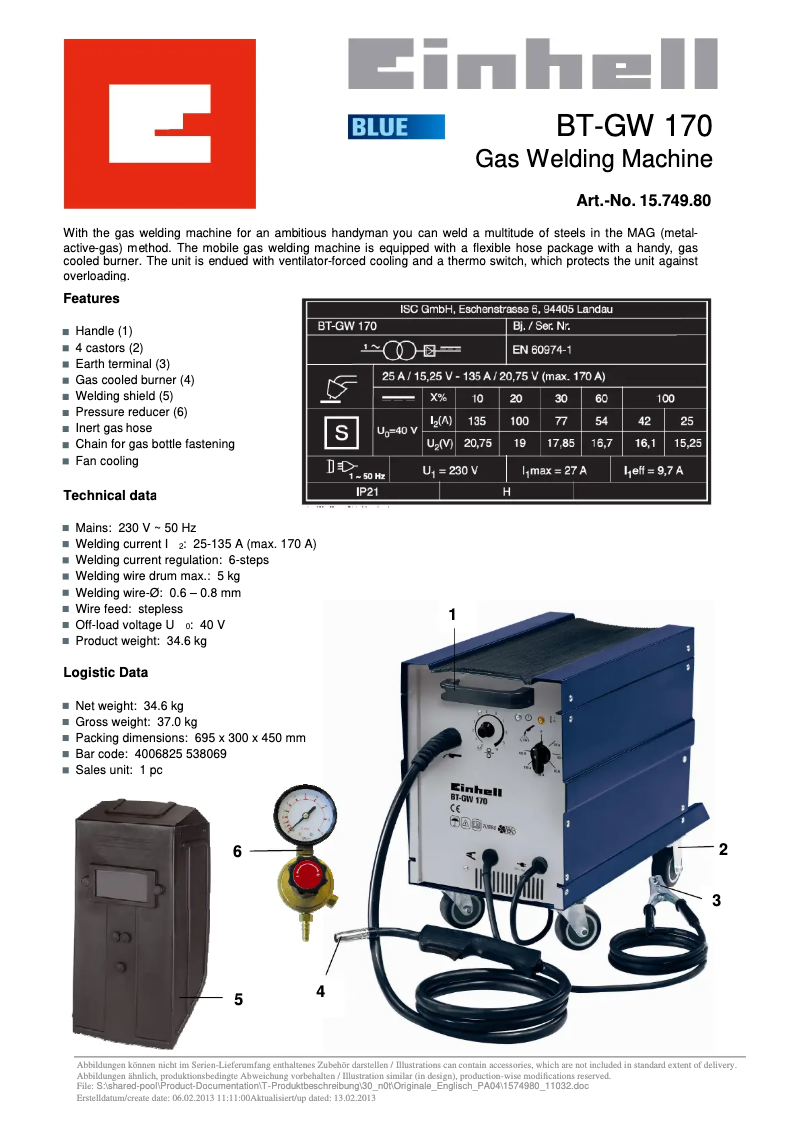 Page 1 de la notice Fiche technique Einhell BT-GW 170