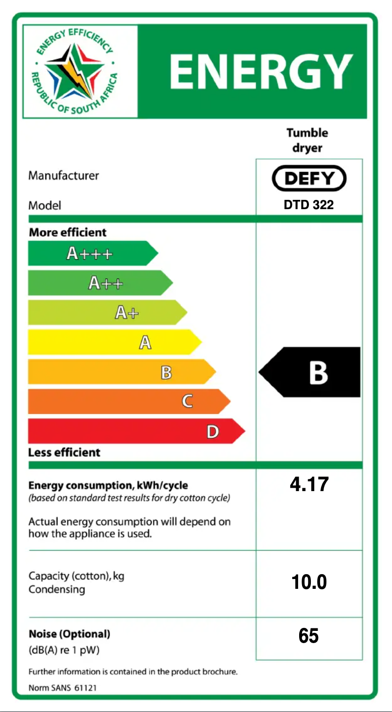 Page 1 de la notice Label énergétique Defy DTD 322