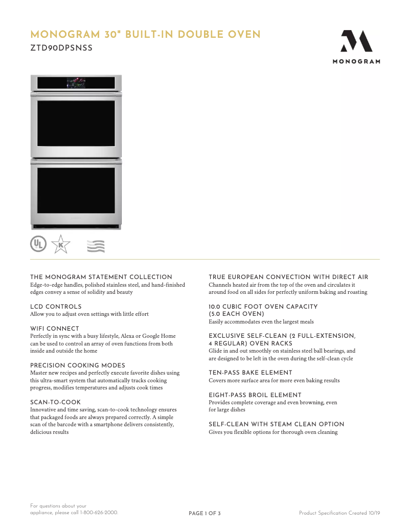 Page 1 de la notice Fiche technique Monogram ZTD90DPSN