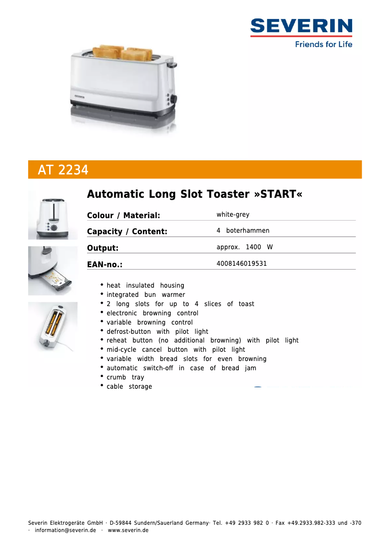 Page 1 de la notice Fiche technique Severin AT 2234