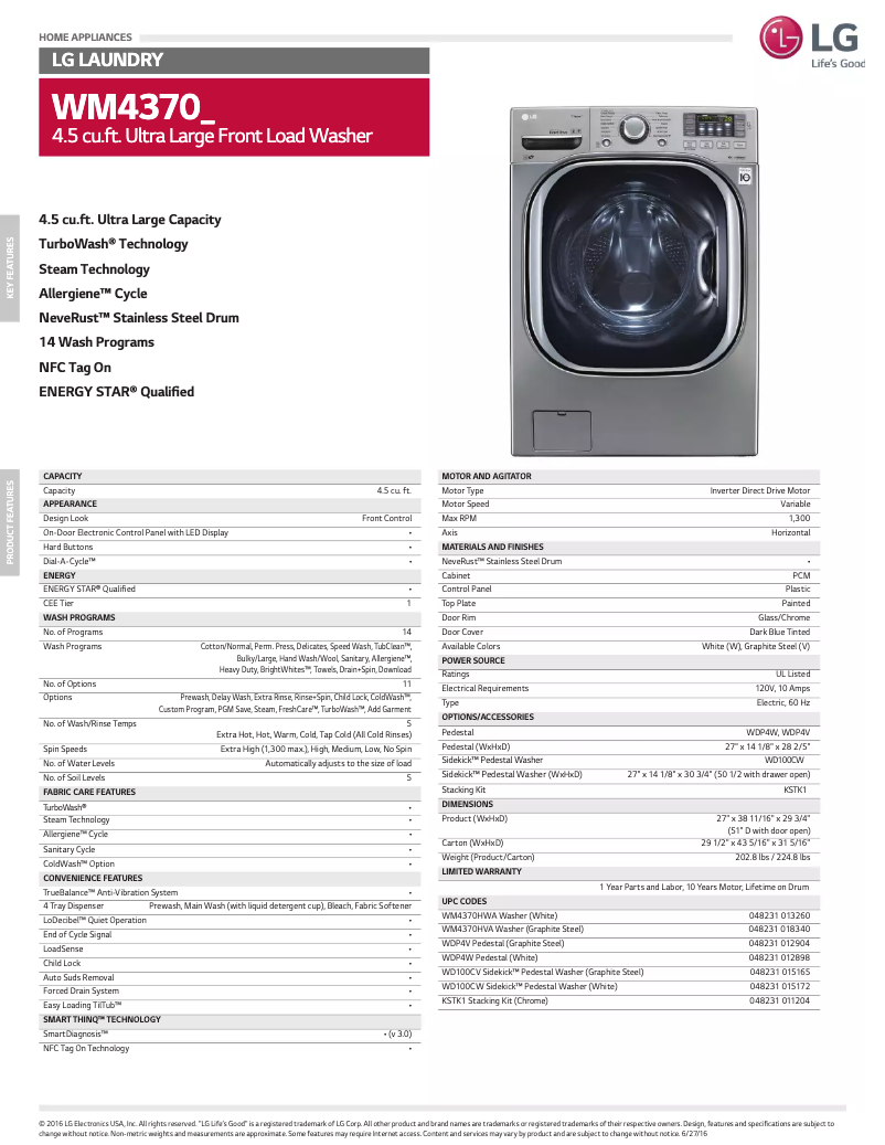Page 1 de la notice Fiche technique LG WM4370HA