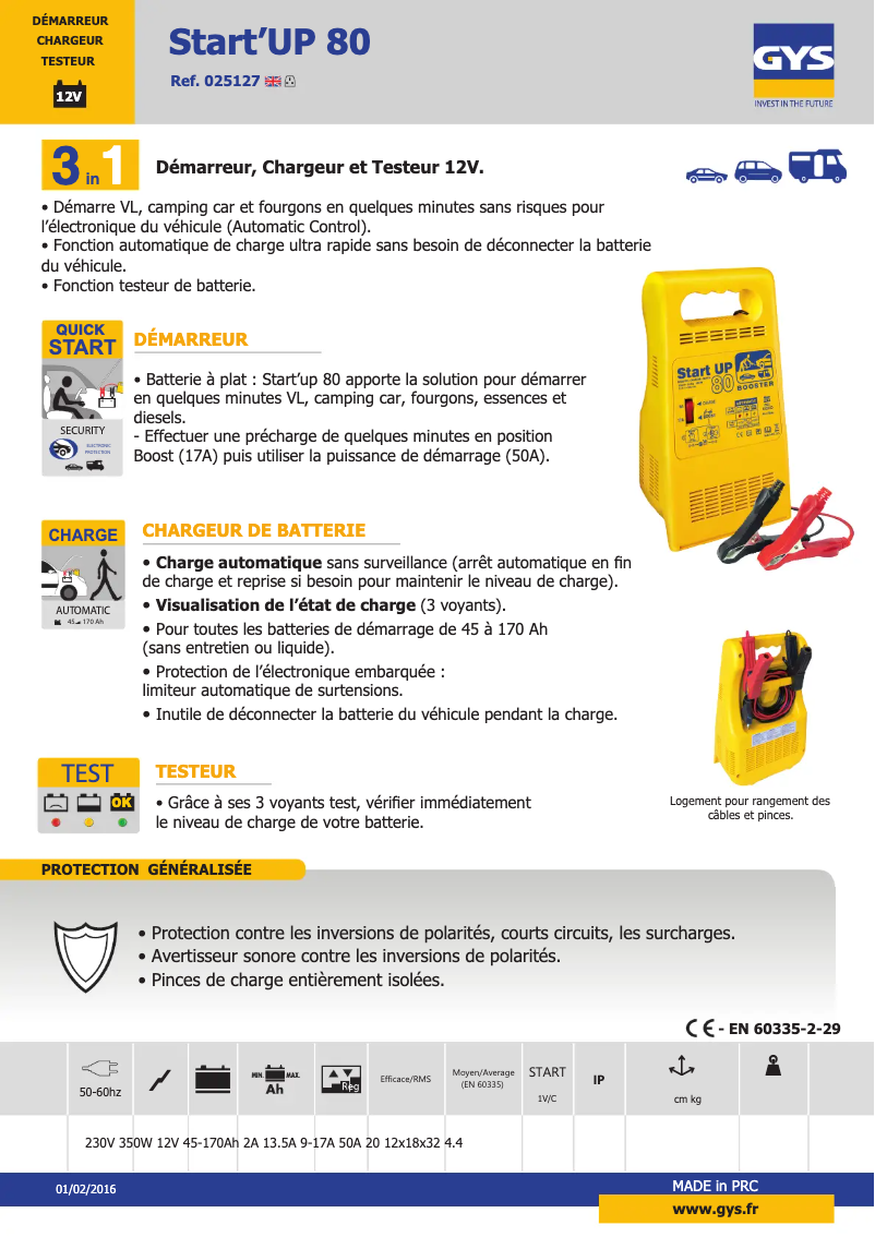 Page n°1 - Fiche technique GYS Start UP 80