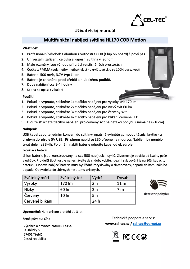 Page n°1 - Manuel utilisateur CEL-TEC HL170 COB Motion