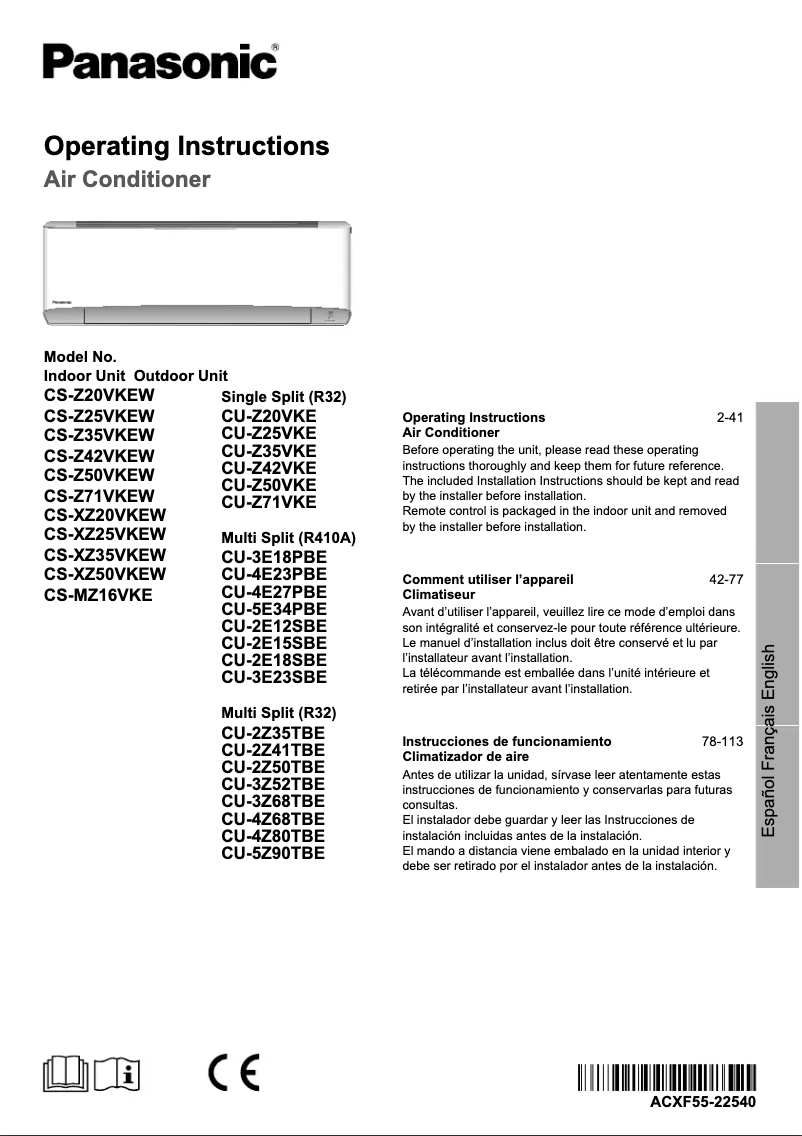 Page n°1 - Manuel utilisateur Panasonic CS-XZ35VKEW