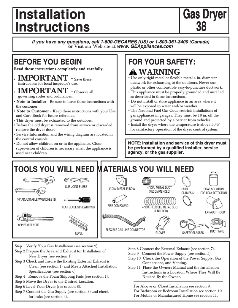 Page n°1 - Guide d'installation GE DX4500WW