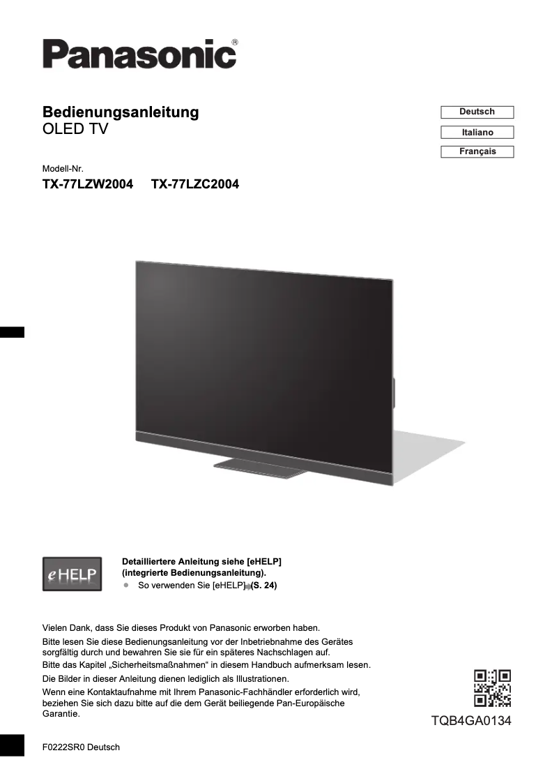 Image de la première page du manuel de l'appareil TX-77LZW2004