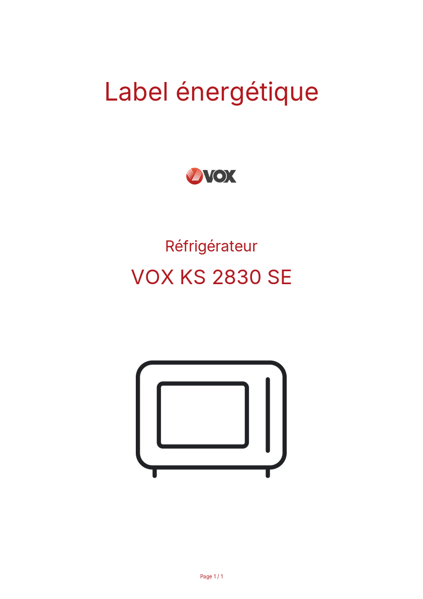 Page n°1 - Label énergétique VOX KS 2830 SE