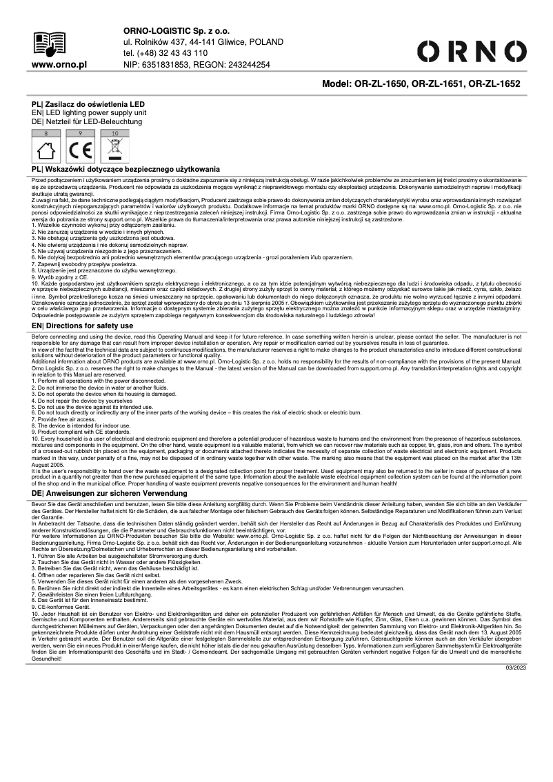 Page 1 de la notice Manuel utilisateur ORNO OR-ZL-1650