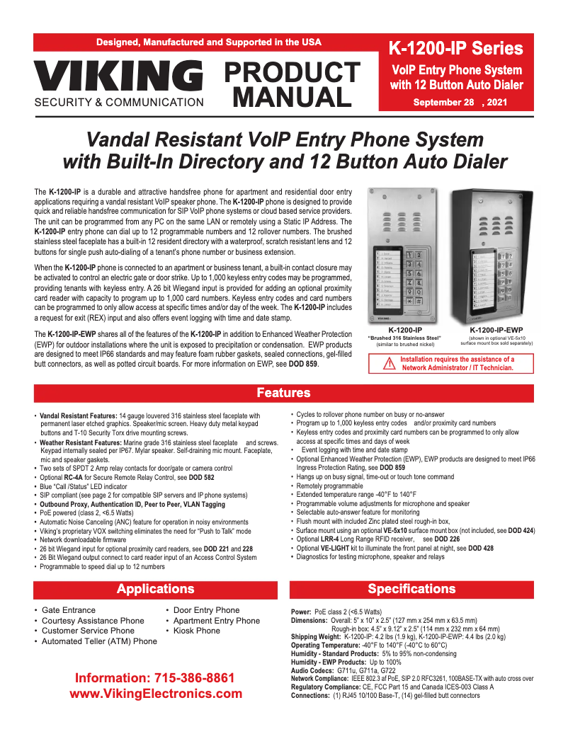 Page 1 de la notice Manuel utilisateur Viking K-1200-IP-EWP