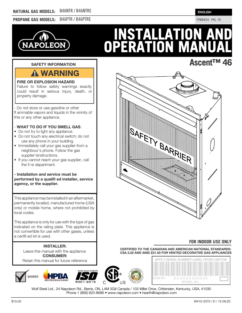 Page n°1 - Manuel utilisateur Napoleon Ascent 46