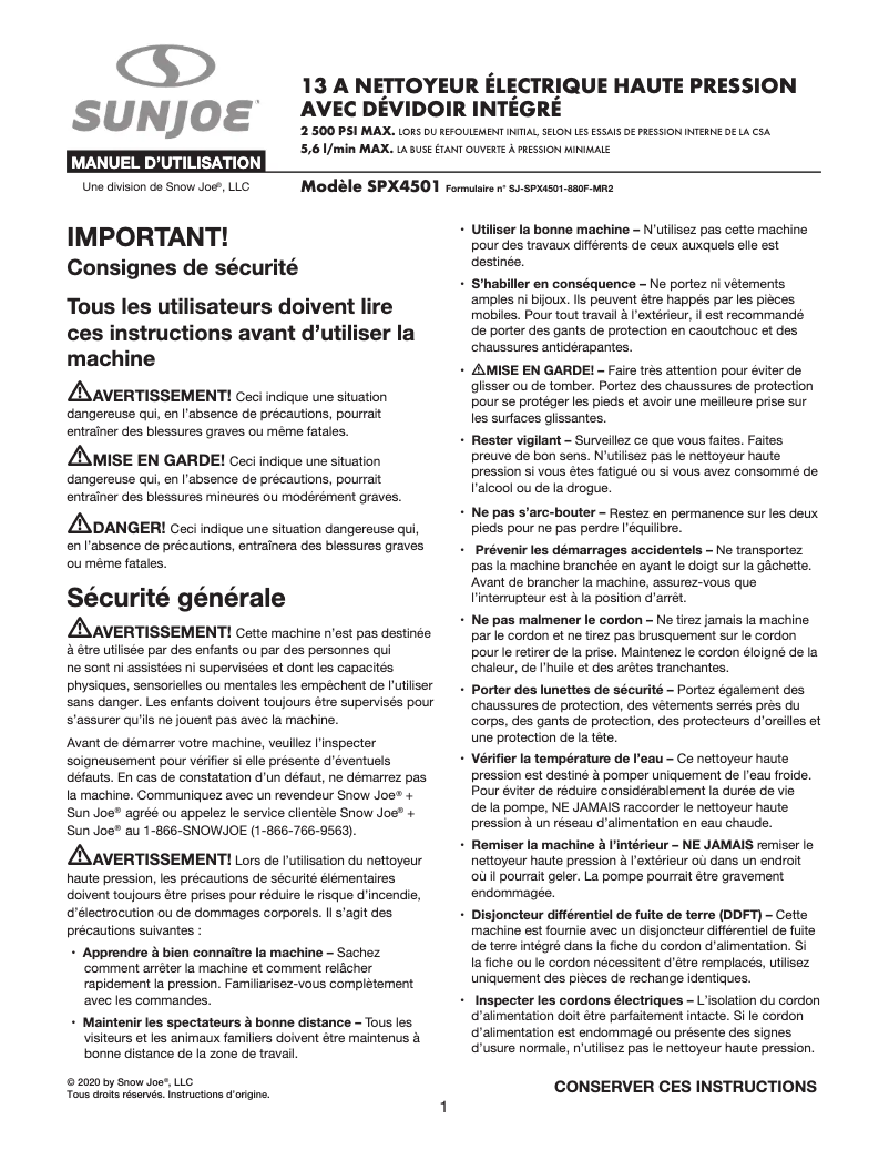 Page 1 de la notice Manuel utilisateur Sun Joe SPX4501