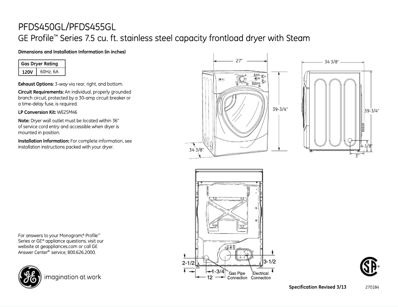 Page n°1 - Fiche technique GE PFDS455GLMG