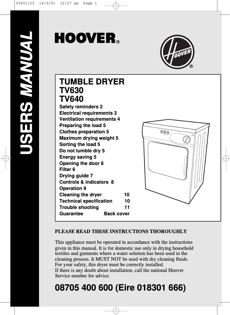 Page 1 de la notice Manuel utilisateur Hoover TV 630 001