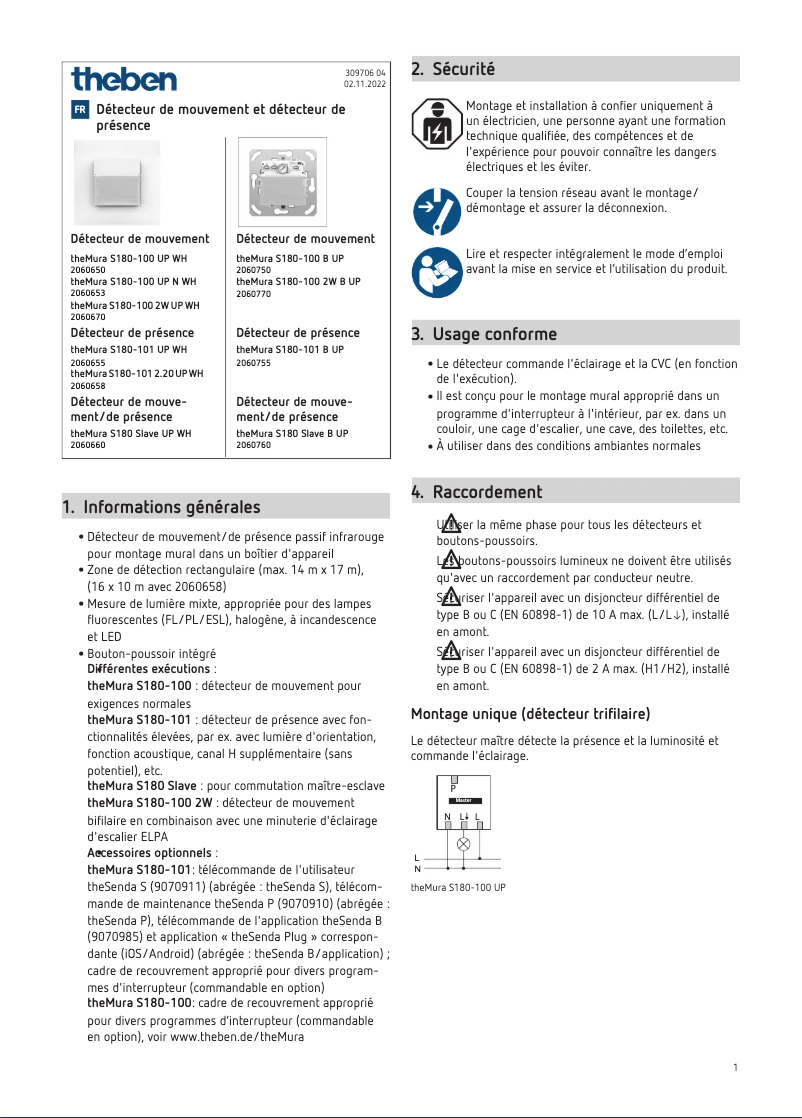 Page 1 de la notice Manuel utilisateur Theben theMura S180-100 2W UP