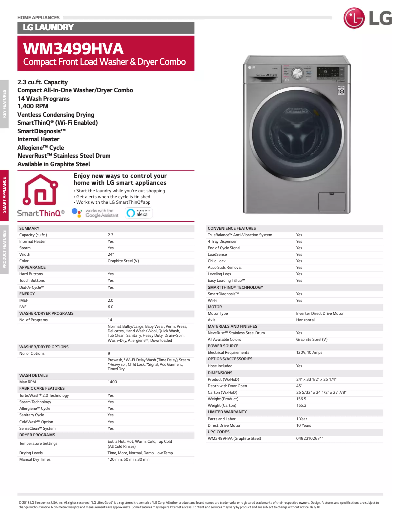Page 1 de la notice Fiche technique LG WM3499HVA