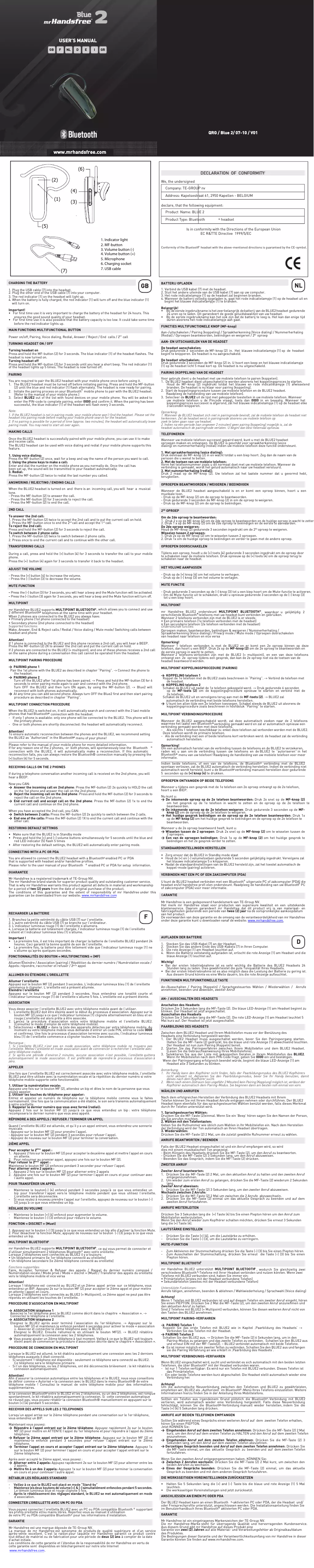 Page 1 de la notice Manuel utilisateur Mr. Handsfree Blue 2