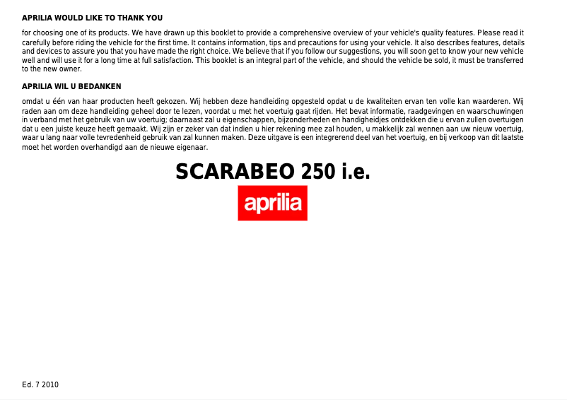 Page 1 de la notice Manuel utilisateur Aprilia Scarabeo 250 i.e. (2010)