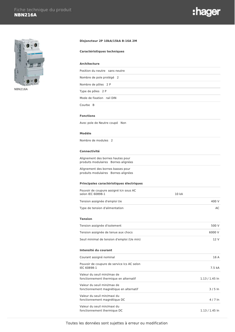 Page 1 de la notice Manuel utilisateur Hager NBN216A