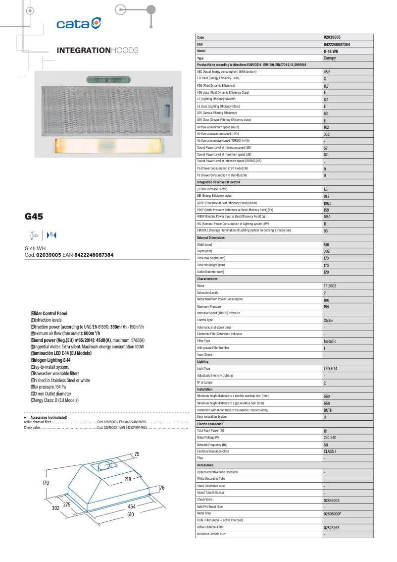 Page 1 de la notice Fiche technique CATA G45 WH