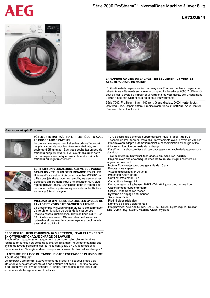 Page 1 de la notice Fiche technique AEG LR73XU844