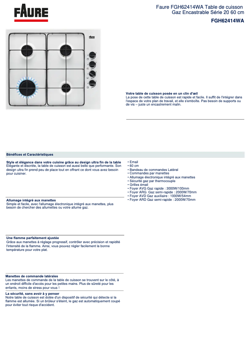 Página 1 del manual Ficha técnica Faure FGH62414WA