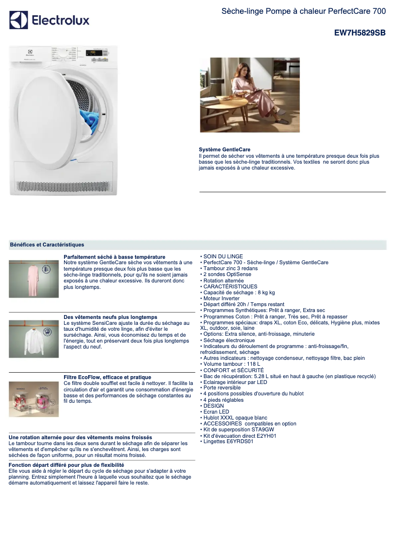 Page 1 de la notice Fiche technique Electrolux EW7H5829SB