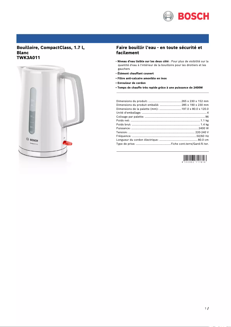 Page 1 de la notice Fiche technique Bosch TWK3A011