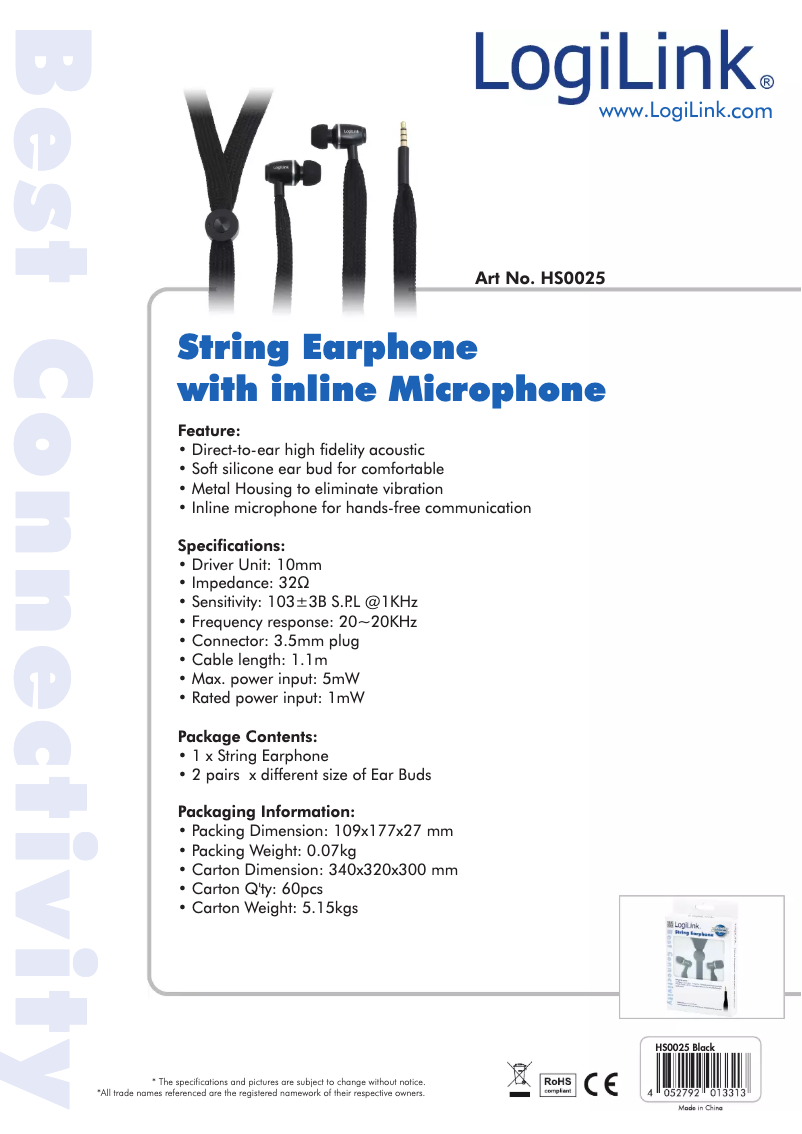 Page 1 de la notice Manuel utilisateur LogiLink HS0025