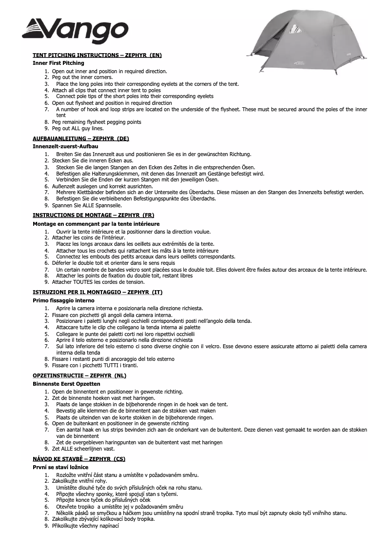 Page 1 de la notice Manuel utilisateur Vango Zephyr 200