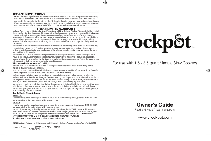 Page 1 de la notice Manuel utilisateur Crock-Pot CPSCRM20-S