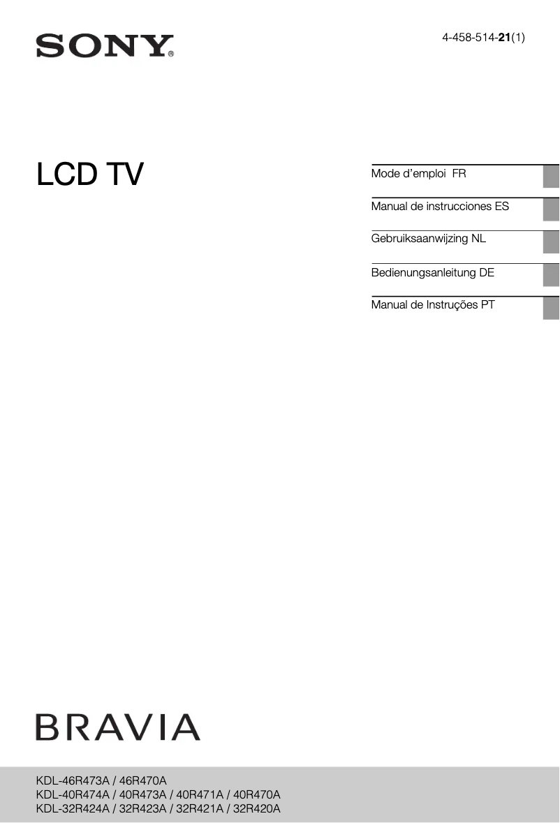 Image de la première page du manuel de l'appareil Bravia KDL-32R423A