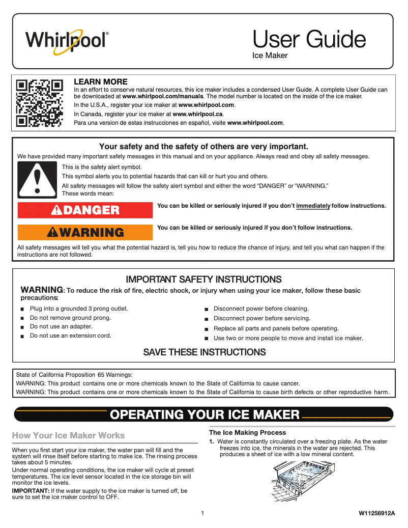 Page 1 de la notice Manuel d'utilisation et d'entretien Whirlpool WUI75X15HZ