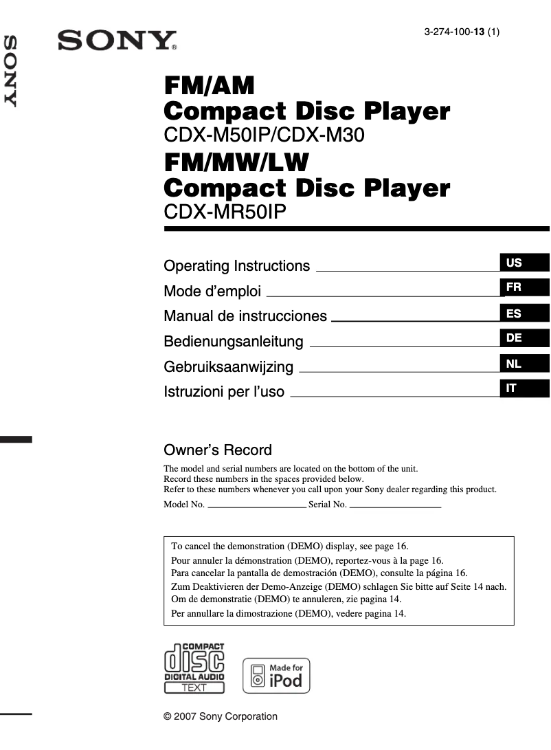 Page 1 de la notice Mode d'emploi Sony CDX-MR50IP