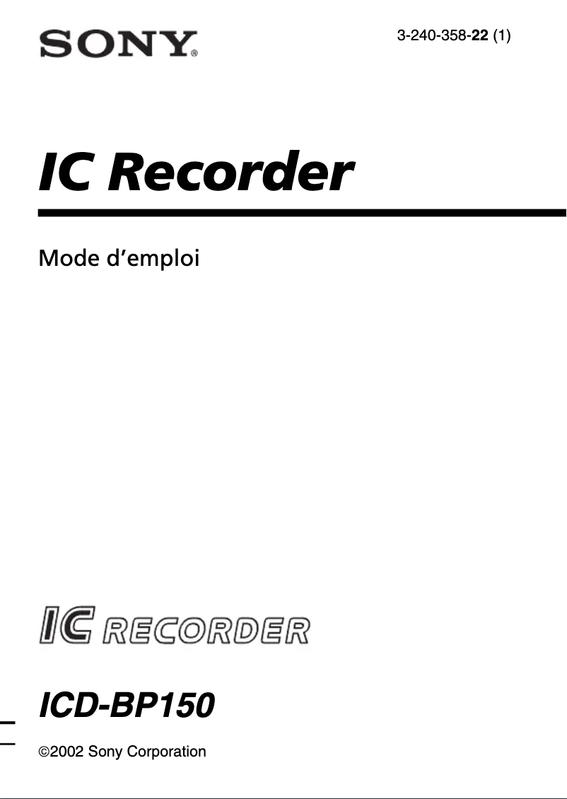 Page 1 de la notice Manuel utilisateur Sony ICD-BP150