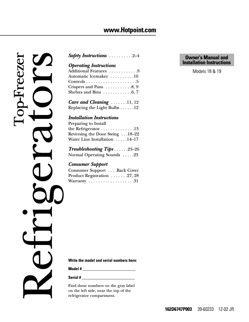 Page 1 de la notice Guide d'installation Hotpoint HTS18BCMRWW